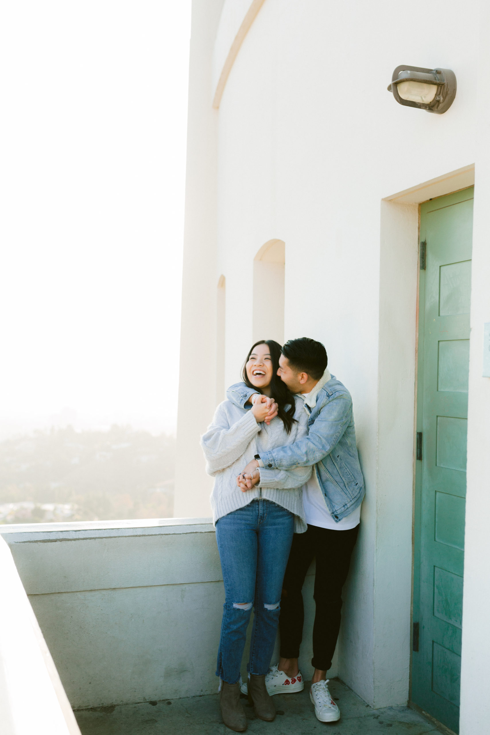 griffith observatory engagement balcony couple